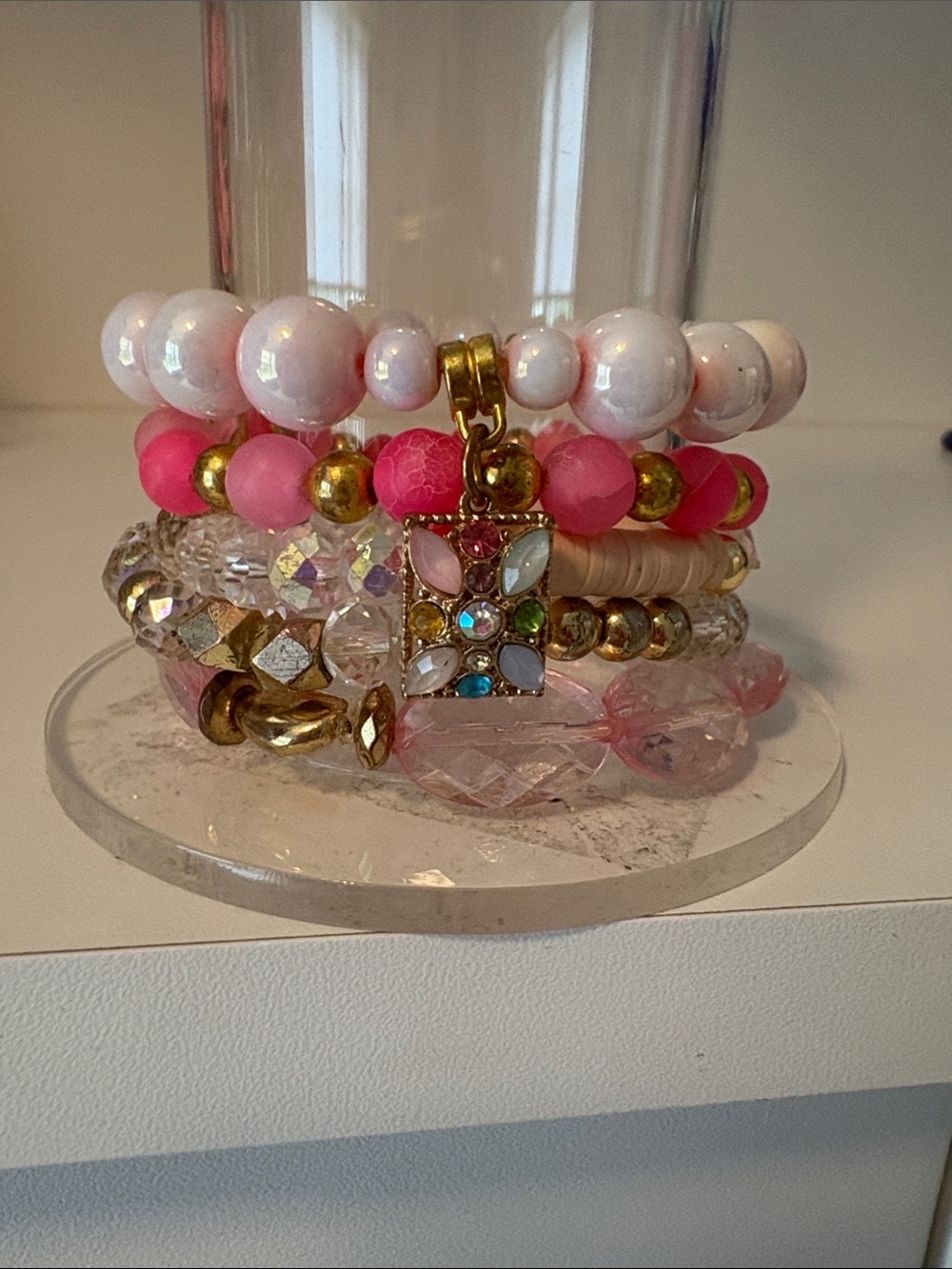 Stacked Pink Beaded Charm Bracelets